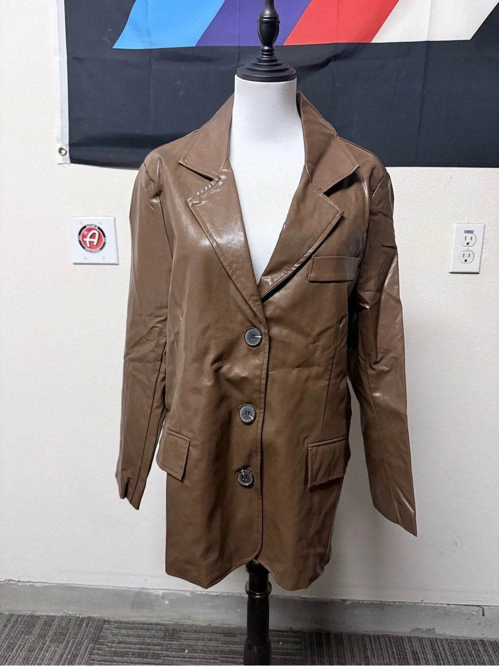 Women's Brown Faux Leather Blazer Jacket - Classic Single-Breasted